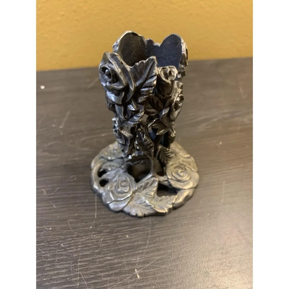 Vintage Silver Tone Pewter Metal Floral‎ Candle Holder